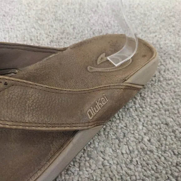 Olukai Nui Flip Flop Sandals Mens Size 10 Shoes Brown Leather Beach Surfing