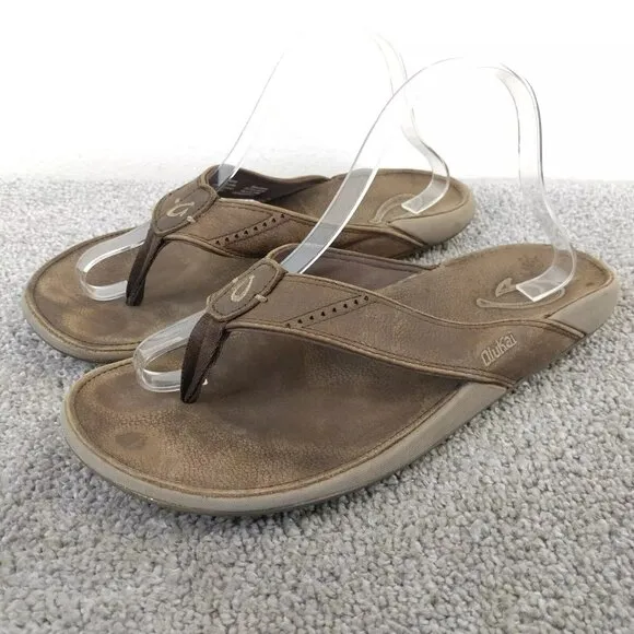 Olukai Nui Flip Flop Sandals Mens Size 10 Shoes Brown Leather Beach Surfing