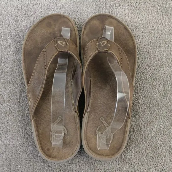 Olukai Nui Flip Flop Sandals Mens Size 10 Shoes Brown Leather Beach Surfing