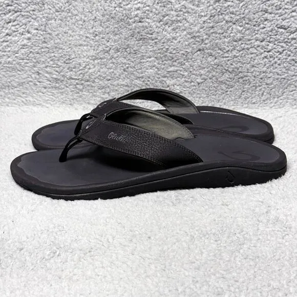 Olukai Ohana Mens Size 13 Slip On Flip Flop Beach Sandals Shoes Black Comfort