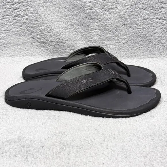 Olukai Ohana Mens Size 13 Slip On Flip Flop Beach Sandals Shoes Black Comfort