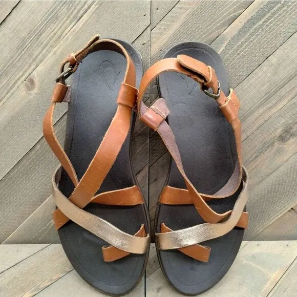 Olukai Upena Brown Gold Strappy Leather Sandals‎ Womens Size 7 Beach Hawaii