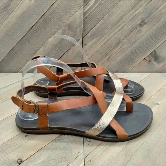 Olukai Upena Brown Gold Strappy Leather Sandals‎ Womens Size 7 Beach Hawaii
