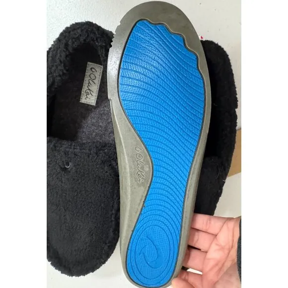 Olukai womens Nohea Heu Slipper sherpa fleece shoes black sz 8