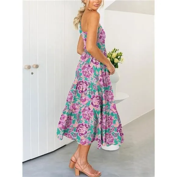 One Shoulder Sleeveless Smocked Ruffle Tiered