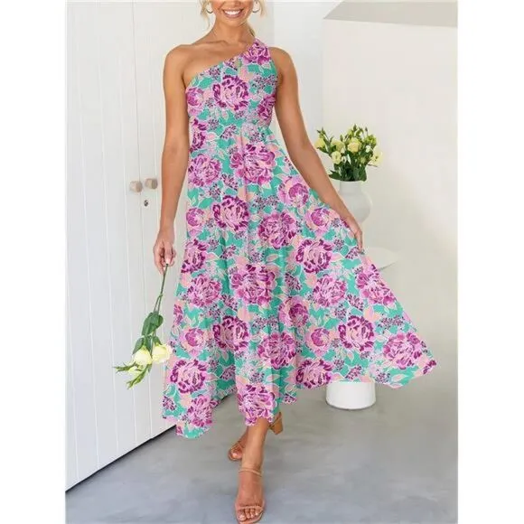 One Shoulder Sleeveless Smocked Ruffle Tiered