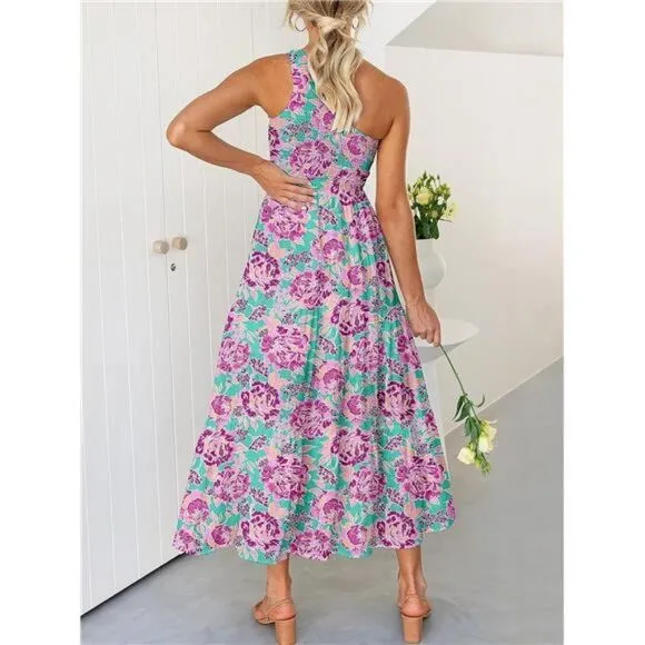 One Shoulder Sleeveless Smocked Ruffle Tiered