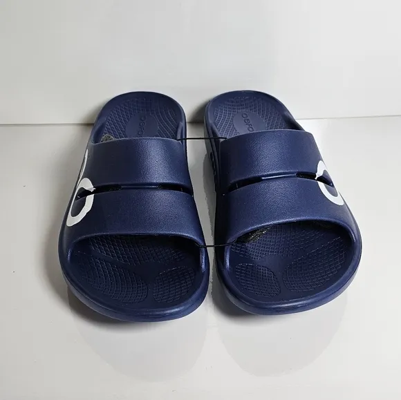 OOFOS OOahh Sport Slide Sandal, Navy White Men's Size 8 NWT