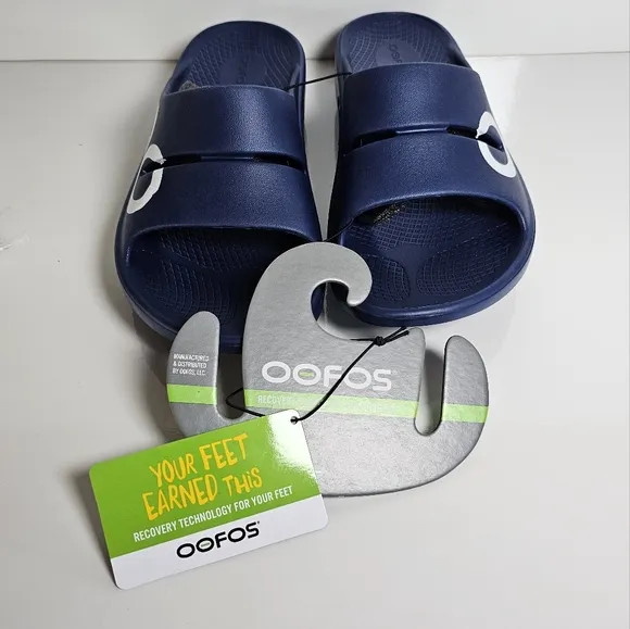 OOFOS OOahh Sport Slide Sandal, Navy White Men's Size 8 NWT