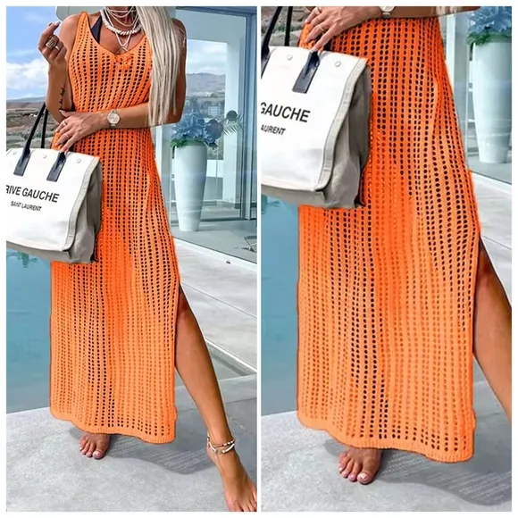 Orange Openwork Slit Cutout Wide Strap Dress