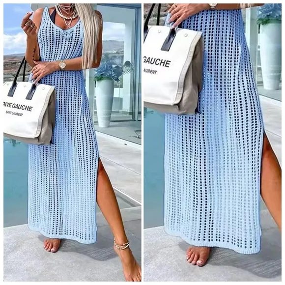 Orange Openwork Slit Cutout Wide Strap Dress