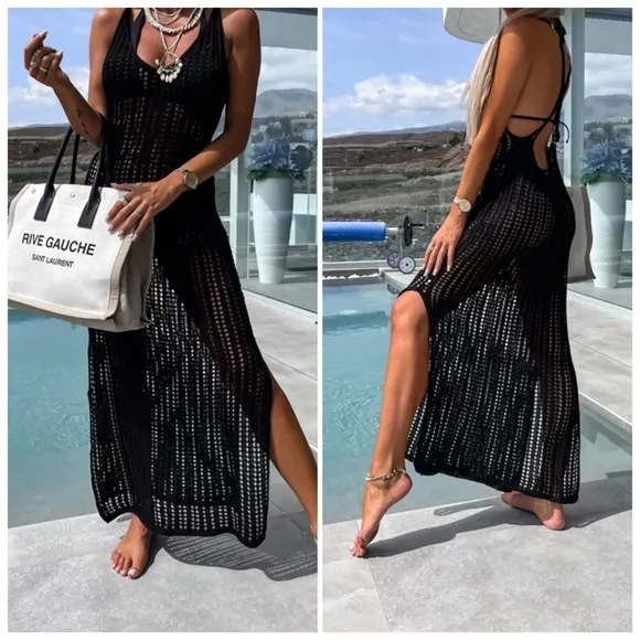 Orange Openwork Slit Cutout Wide Strap Dress