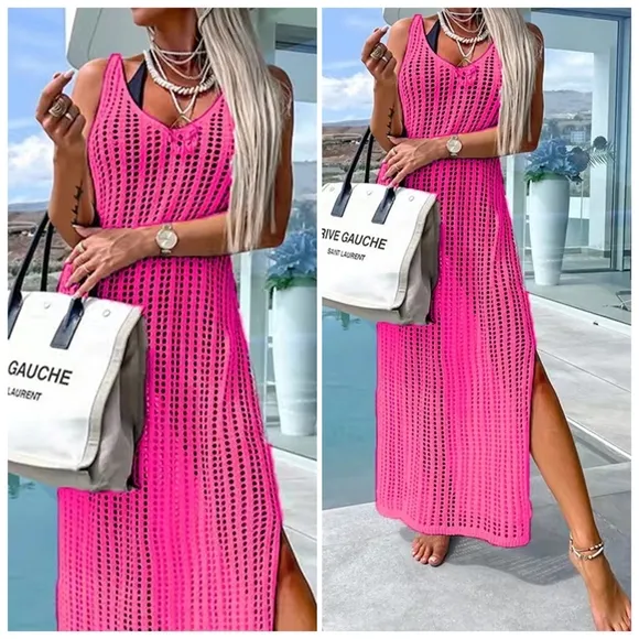 Orange Openwork Slit Cutout Wide Strap Dress