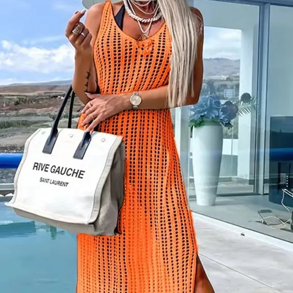 Orange Openwork Slit Cutout Wide Strap Dress