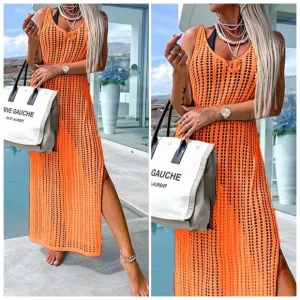 Orange Openwork Slit Cutout Wide Strap Dress