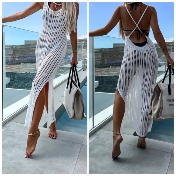 Orange Openwork Slit Cutout Wide Strap Dress