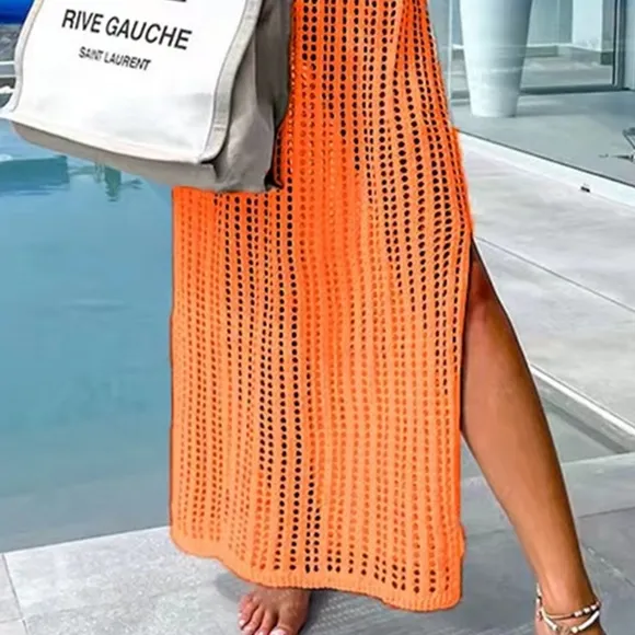 Orange Openwork Slit Cutout Wide Strap Dress
