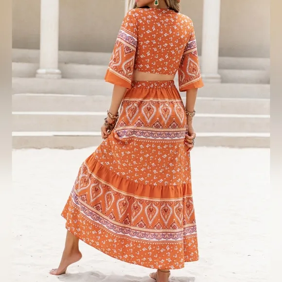 Orange Printed Two-Piece Skirt Set