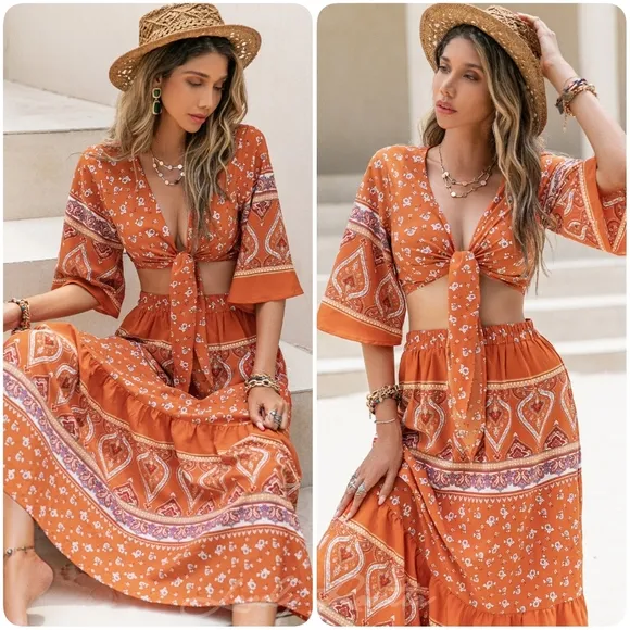 Orange Printed Two-Piece Skirt Set