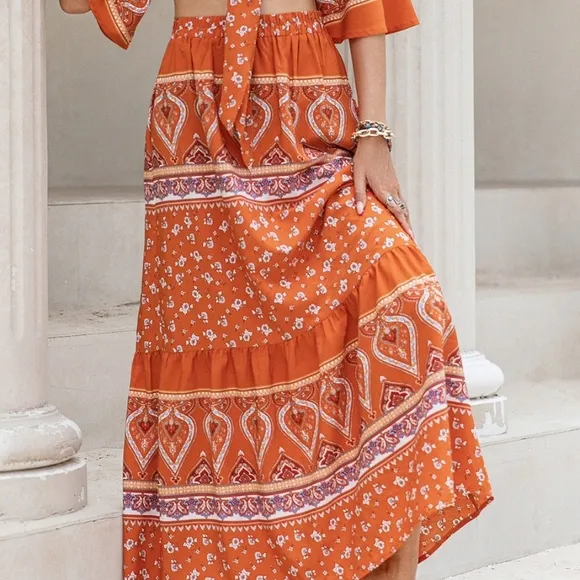Orange Printed Two-Piece Skirt Set