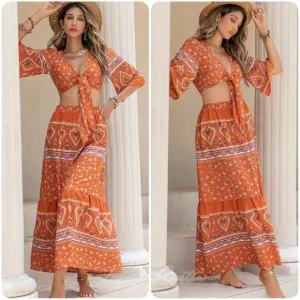 Orange Printed Two-Piece Skirt Set