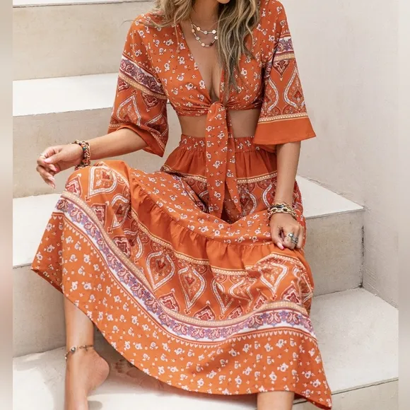 Orange Printed Two-Piece Skirt Set
