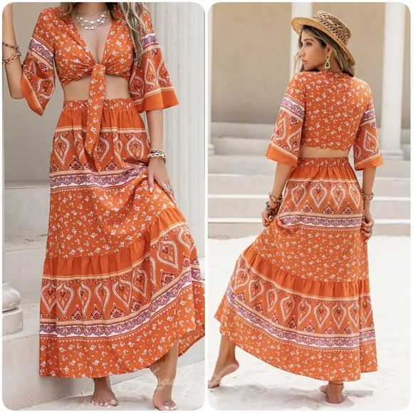 Orange Printed Two-Piece Skirt Set