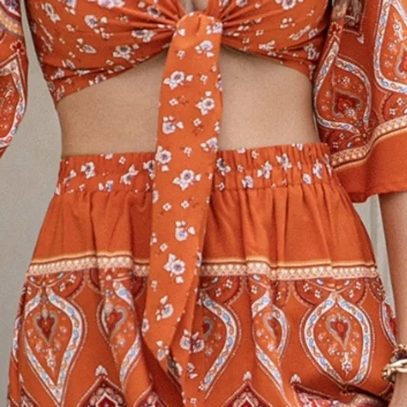 Orange Printed Two-Piece Skirt Set