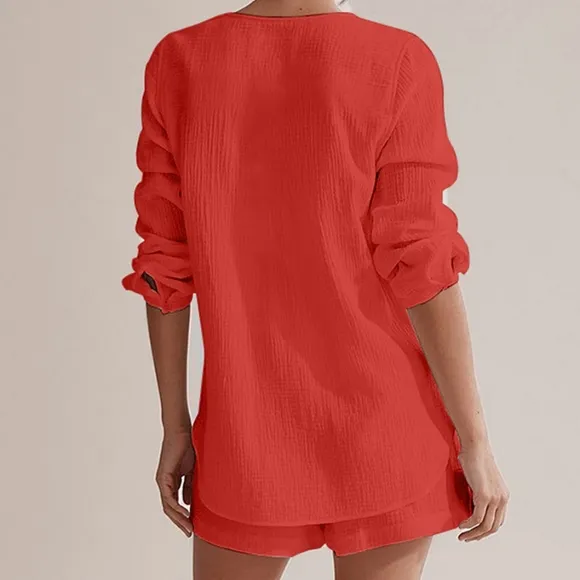 Orange Red Versatile Notched Top and Shorts Set