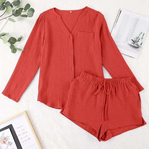 Orange Red Versatile Notched Top and Shorts Set