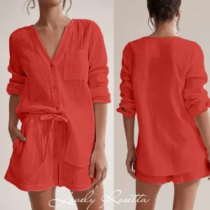 Orange Red Versatile Notched Top and Shorts Set