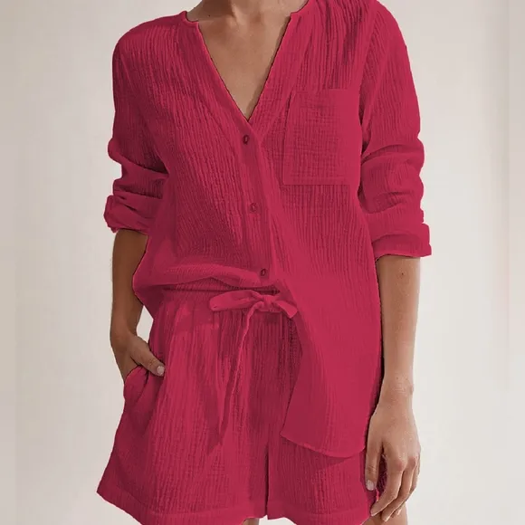 Orange Red Versatile Notched Top and Shorts Set