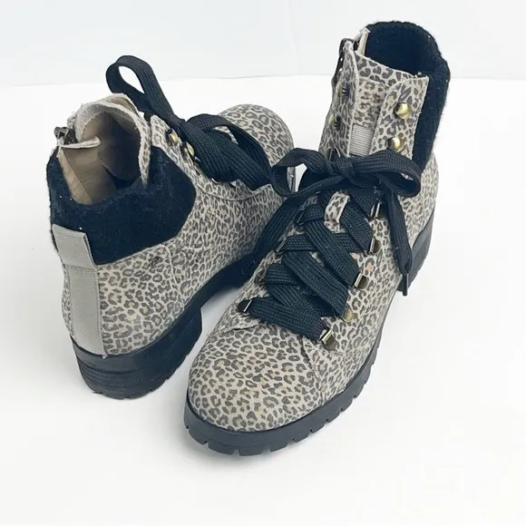 OTBT Lakewood Leather Animal Print Side Zipper Lace Up Faux Fur Lined Boots 8