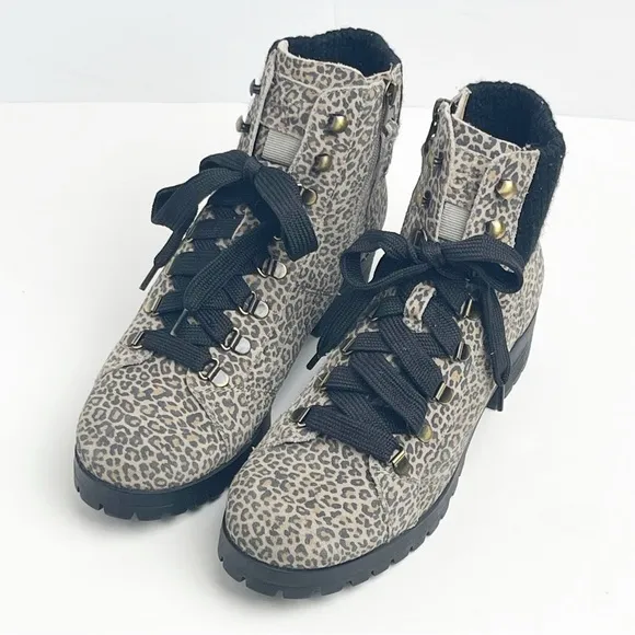 OTBT Lakewood Leather Animal Print Side Zipper Lace Up Faux Fur Lined Boots 8