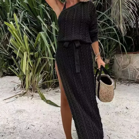 (Out Of Stock) White Slit Openwork Single Shoulder Knit Dress
