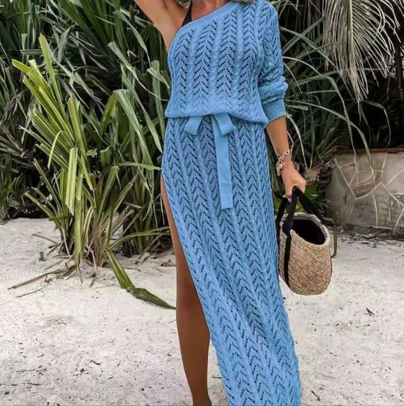 (Out Of Stock) White Slit Openwork Single Shoulder Knit Dress