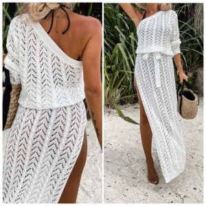 (Out Of Stock) White Slit Openwork Single Shoulder Knit Dress