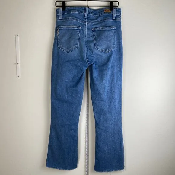 PAIGE Rory Crop Flare Jeans Size 28 Sylmar Blue Raw Hem Mid Rise Designer Denim