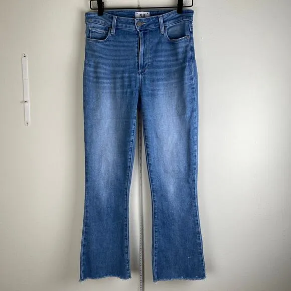 PAIGE Rory Crop Flare Jeans Size 28 Sylmar Blue Raw Hem Mid Rise Designer Denim