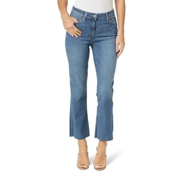 PAIGE Rory Crop Flare Jeans Size 28 Sylmar Blue Raw Hem Mid Rise Designer Denim