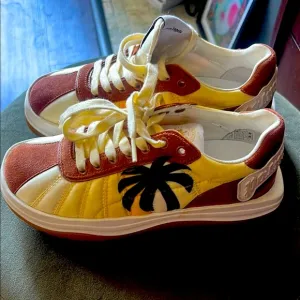 Palm Angels Yellow and Brown Retro Low-Top Sneakers with Palm Tree Design