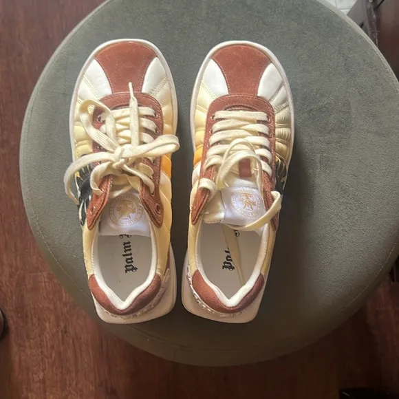 Palm Angels Yellow and Brown Retro Low-Top Sneakers with Palm Tree Design