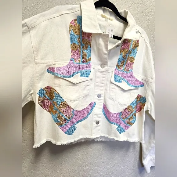 Peach Love NWT White Jacket with Colorful Rhinestone Cowboy Boots Design