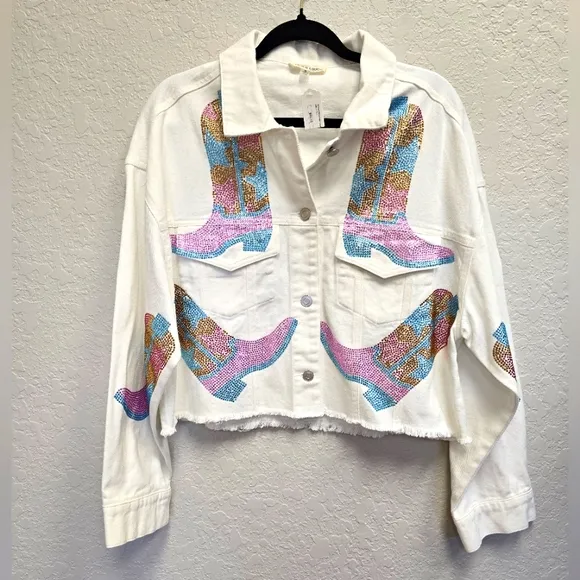 Peach Love NWT White Jacket with Colorful Rhinestone Cowboy Boots Design
