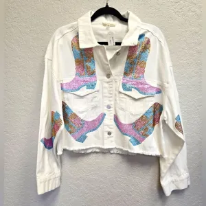 Peach Love NWT White Jacket with Colorful Rhinestone Cowboy Boots Design