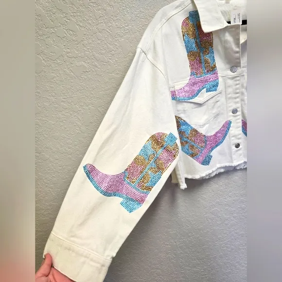 Peach Love NWT White Jacket with Colorful Rhinestone Cowboy Boots Design