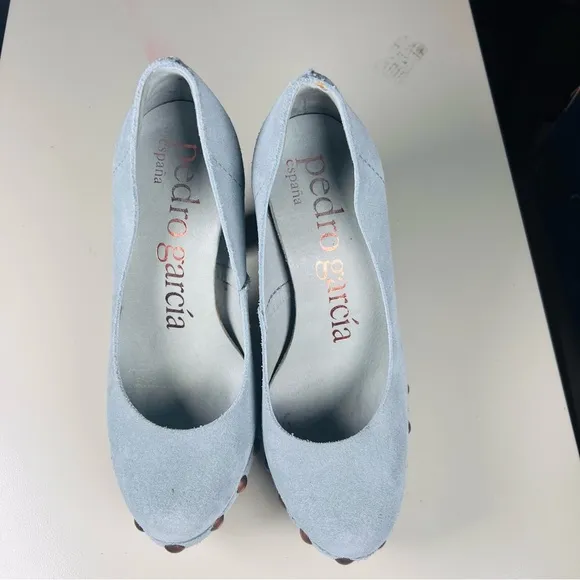 Pedro Garcia Blue Suede square wooden heels Women's 5.5