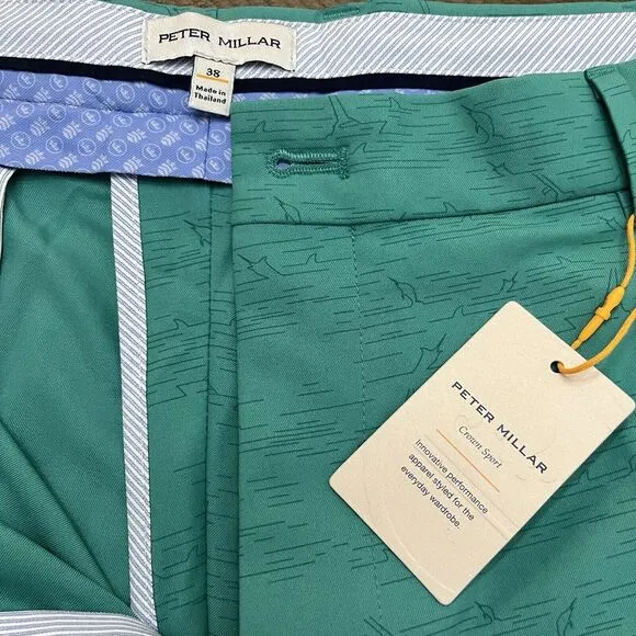 Peter Millar golf short Crown Sport Chino Men 38 Green Boat Swordfish AOP Preppy