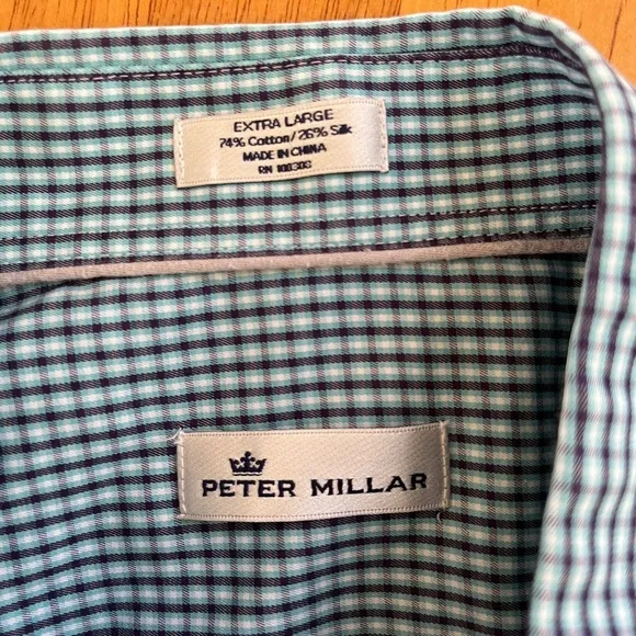 Peter Millar Hanford Silk Cotton Sport Twill Shirt Turquoise Plaid, Size XL