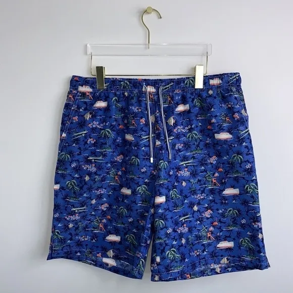 Peter Millar Men’s Swim Trunks Seaside Collection Blue XL Beach Boat Fish Palms
